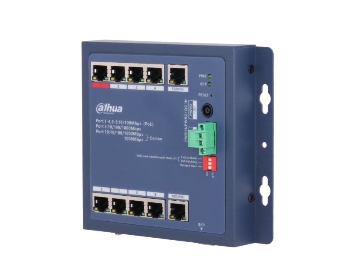 DH-CHS4110-8ET-90-F. Switch Dahua Formato Industrial, 8 Puertos Poe 10/100 + 2 Puertos uplink 1000, + 1 Puerto SFP 1000, Capa 2, Protección IP30 y IK06.